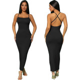 Women Chic Elegant Slim Sexy Solid Straps Backless Bodycon Long Dress