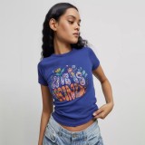 Kısa Kollu Yuvarlak Yaka İnce Çiçek Harf Baskı Yüksek Streç T-Shirt Bahar Moda Trendi Kadın Üstü