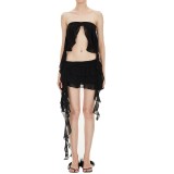 Summer Ruffle Streamer Solid Strapless  Crop Top Sexy Two Piece Skirt Set