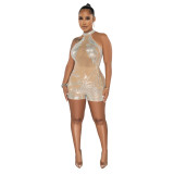 Summer Women'S Sexy Tight Fitting Mesh See-Through Beaded Jumpsuit For Women