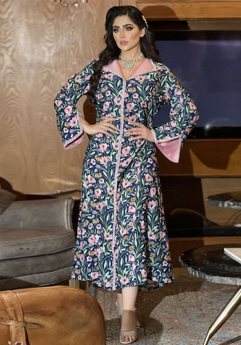 Muslim Spring Style Floral Printed Robe Diamond Beaded Fashion Dress
