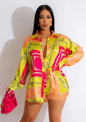 Ladies' Fashion Colorblock Turndown Collar Long Sleeve Shirt Shorts Two Piece Set