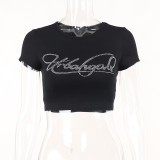 Women Round Neck Beaded Letter Cropped Top Summer Fashion Casual T-Shirt