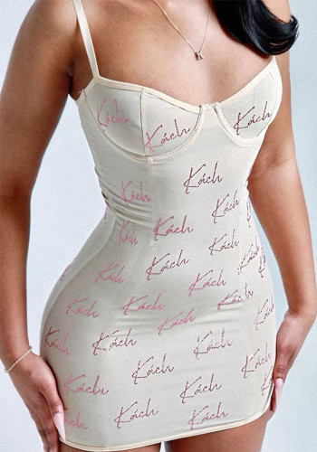 Straps Letter Print Women Summer Sexy Mesh See-Through Bodycon Dress