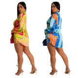 Ladies' Fashion Colorblock Turndown Collar Long Sleeve Shirt Shorts Two Piece Set