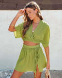 Summer Solid Color V-Neck Bat Sleeves Top Slit Short Skirt Women Casual Two Piece Set