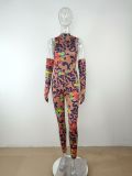 Women'S Vintage Print High Stretch Tight Fitting Sexy Sleeveless Jumpsuit