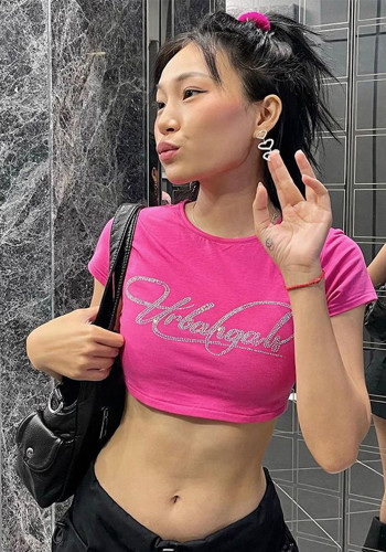 Women Round Neck Beaded Letter Cropped Top Summer Fashion Casual T-Shirt