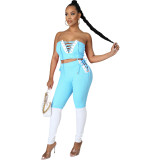 Women'S Fashion Casual Positioning Patchwork Strapless Lace-Up Two Piece Pants Set