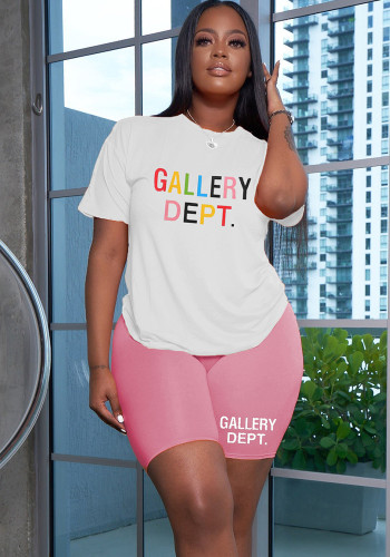 Kadın İlkbahar Yaz Çok Renkli Harf Baskı Kısa Kollu T-Shirt Şort İki Parça Set Günlük Eşofman