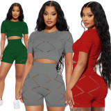 Women'S Fashion Casual Solid Color Short Sleeve Slim Two Piece Shorts Set Women'S Clothing