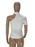 Ladies Fashion One Shoulder Short Sleeve Solid Color Top Irregular Basic T-Shirt