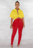 Moda Kadın Gömlek Pantolon Takım Elbise Kemer Kontrast Renk İki Parça Set