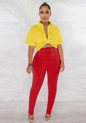 Traje de pantalones de camisa de mujer de moda con conjunto de dos piezas de color de contraste de cinturón