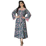 Muslim Spring Style Floral Printed Robe Diamond Beaded Fashion Dress