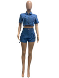 Women Plus Size Casual Pocket Stretch Denim Short Sleeve Crop Top and Shorts Two-Piece Set