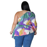 Plus Size Women Summer Casual Loose Slash Shoulder Asymmetrical Print Top