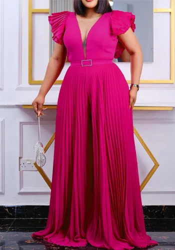 Women Sexy Short Sleeve Pleated Wide Leg Jumpsuit with Belt
