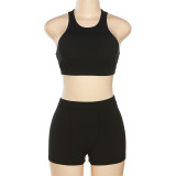 Women Solid Crop Tank Top And High Waist Shorts Two-Piece Set