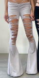 Women Summer Solid Ripped Lace-Up High Waist Bell Bottom Casual Pants