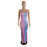 Women striped print strappy slit dress