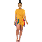 WomenShort Sleeve Top and Multi-Color Fringed Shorts Two-Piece Set
