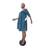 Women Short Sleeve Denim Ruffle Dress