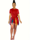 WomenShort Sleeve Top and Multi-Color Fringed Shorts Two-Piece Set