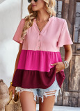 Ladies Short Sleeve Contrasting Color V-Neck Loose Shirt