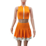 Women Casual Sexy Colorblock Zipper Top And Pleated Skirt Two-Piece Set
