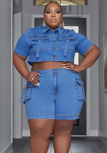 Women Plus Size Casual Pocket Stretch Denim Short Sleeve Crop Top and Shorts Two-Piece Set