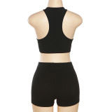Women Solid Crop Tank Top And High Waist Shorts Two-Piece Set