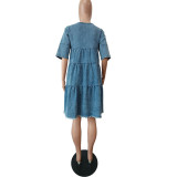 Women Short Sleeve Denim Ruffle Dress