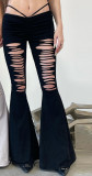 Women Summer Solid Ripped Lace-Up High Waist Bell Bottom Casual Pants