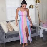 Women striped print strappy slit dress