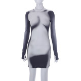 Women's Summer Fashion Casual Body Print Long Sleeve Slim Round Neck Short Dress