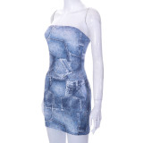 Ladies Spring Denim Print Off Shoulder Street Casual Bodycon Dress