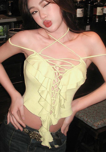 Top con cuello halter recortado con cordones y volantes Camiseta sin mangas versátil y sexy