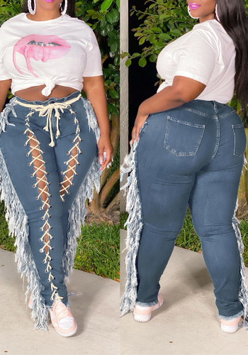 Женские прямые джинсовые брюки со шнуровкой и бахромой со средней посадкой и потертостями