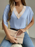Spring Summer v-neck lace solid color top Chic short-sleeved chiffon shirt