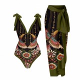 French Vintage Print One Piece Swimsuit Women Spa Holidays Beach Dress Two Piece Swimsuit