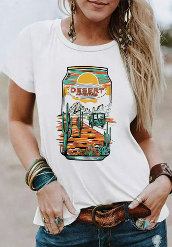 Summer Vintage Graphic Here's Where Denim Rides a Cactus Round Neck Pullover T-Shirt