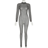 Spring Ladies Solid Color Long Sleeve Fishnet Cutout Round Neck Slim High Waist Bodycon Jumpsuit