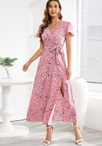Sexy Bohemian V-Ausschnitt Floral Schlitz Rock Sommer Damen Plus Size Chiffon Kleid