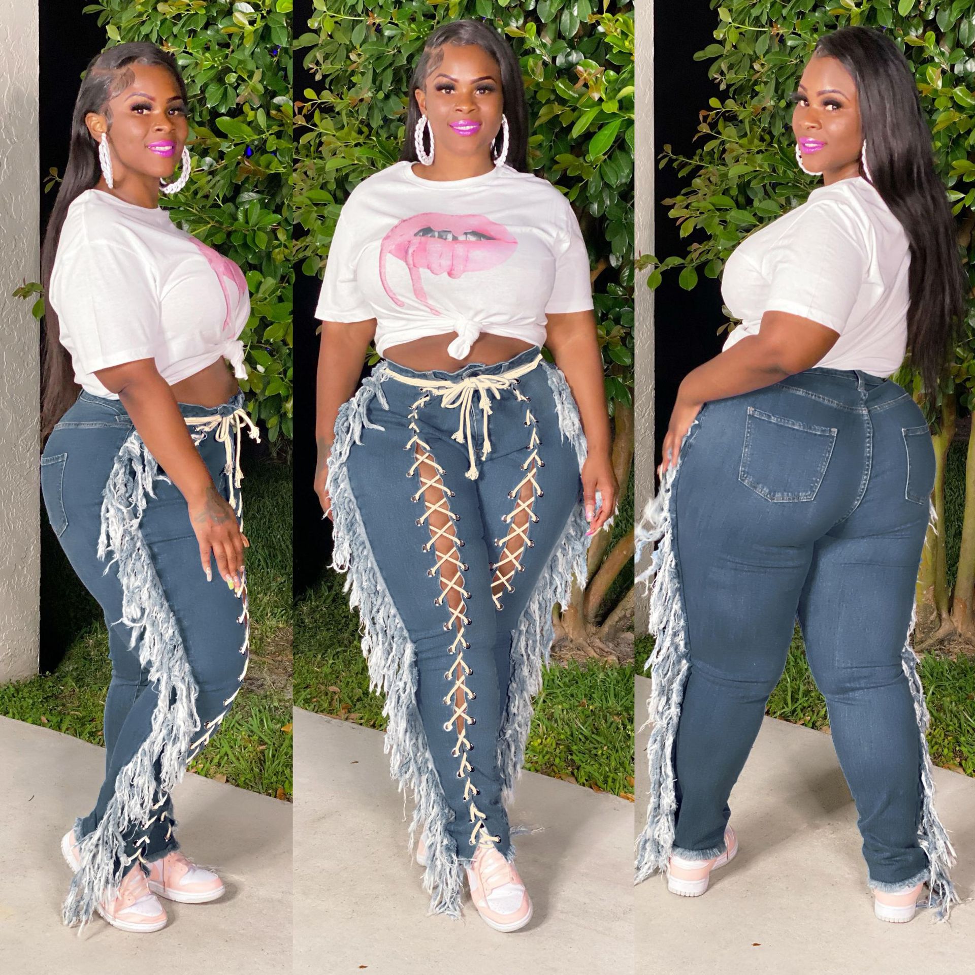 Lace-Up Fringe Mid Rise Distressed Straight Denim Pants The Little Connection