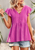 Solid Color Hollow Shirt Dames Summer Chic Carrière Top met V-hals