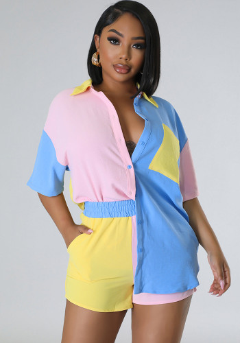 Женская рубашка весна-лето с цветными блоками в стиле пэчворк, короткий рукав, карман, короткий комплект из двух предметов