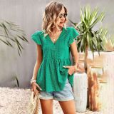 Solid Color Hollow Shirt Women's Summer Chic Career V-Neck Top