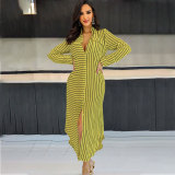 Spring Long Sleeve Striped Printed Loose Casual Maxi Dress