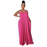 Solid Color Summer Sleeveless Slim Waist Wrapped Breast Loose Wide Leg Women's Jumpsuit